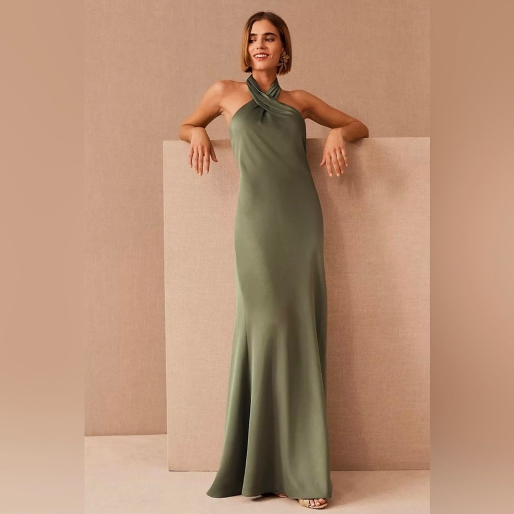 BHLDN Green Halter Satin Bridesmaids Dress (Moss)